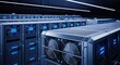 © Phetthanousack - Rows of high performance hardware units in a dark data center processing digital transactions with glowing blue lights and cooling fans, cooling, economy, rack