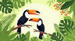 © Uno - Toucan birds on branch, tropical jungle foliage background, wildlife illustration