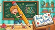 © Finka - Back to school illustration boy with giant pencil and classroom supplies