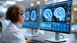 © Nataliya - Modern medical facility with brain scan images displayed on multiple monitors, advanced neurological imaging and diagnostic technology concept, defocused, with copy space