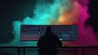 © Water - Silhouette gazes at vibrant, multi-screen data display, shrouded in smoke