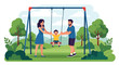 © daniel - Flat style vector illustration of parent pushing child on swing in playground, joyful bonding moment and outdoor family activity concept