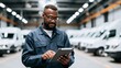 © Bonsales - African American worker managing fleet logistics using digital tablet in large vehicle garage with parked vans
