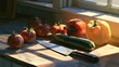 © fahad - Fresh Produce by the Window: A vibrant still life featuring ripe tomatoes, a crisp cucumber, and colorful bell peppers arranged on a wooden surface, illuminated by the warm.