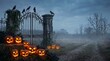 © Mst - Spooky halloween scene with jack o lanterns and crows on a creepy gate