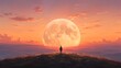 © Unimaginable Pic - Silhouette of a person standing on a hill watching a massive glowing full moon at sunset.