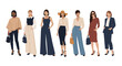 © Maja - Group of stylish women in different outfits showcasing diverse fashion styles from casual wear to professional business attire in flat illustration.