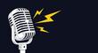 © Lamiya - Stylized classic microphone on a stand with yellow lightning bolts flashing from it against a dark blue background symbolizing powerful sound.
