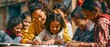 © SJarkCube - Warm smiles fill a group of children at a learning table. 64k 8k widescreen, HDR,