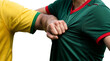 © Marlon - Soccer player in yellow jersey grabs opponent in green jersey during a match PNG Isolated on transparent background soccer player in a yellow jersey and player in a green jersey.