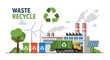© Callen - Industrial waste recycling facility with garbage truck colored sorting bins solar panels and wind turbines for clean energy.