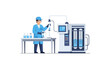 © Dana - Male Scientist or Laboratory Technician Working with Modern Medical Research Equipment and Chemical Flasks Vector Illustration