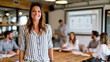 © Mrammon - Confident businesswoman office teamwork meeting presentation leadership professional smiling casual startup Confident businesswoman leading meeting modern office, smiling warmly while team