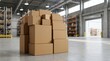 © Maulzz - Stack of cardboard boxes in a large empty warehouse ready for shipping.