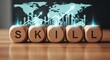 © FOJOL - Wooden blocks spelling 'skill' with a glowing world map and financial graph background