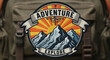 © Design by-Shahinur  - Adventure explore embroidered circular patch featuring mountain range and sunrise on hiking backpack adventure embroidery mountain