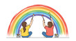 © Adil - Little boy and girl sitting on the floor and using paintbrushes and cans to color a large vibrant rainbow with creative and artistic joy.