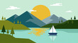 © Colorwave Studio - Flat design landscape illustration with mountains, lake, sailboat, and sun