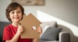 © SashaMagic - Joyful child holds cardboard house, symbolizing dreams of homeownership and future planning in a bright living room