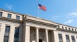 © Kristelinmind - Exterior of the Department of Justice building in Washington DC with an American flag flying. Government architecture and legal system center. Federal law institution landmark concept.