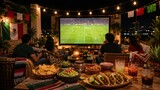 Restaurant soccer watch party with food and decorations