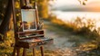 © Fajar - Wooden art palette in outdoor painting scene surrounded by nature, golden hour sunlight, peaceful artistic lifestyle, isolated on white background