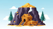 © dari - Vector illustration of a fantasy gold mine entrance built into a dark mountain, featuring a wooden structure with smoke, a cart full of gold nuggets, pine trees, and a blue sky.