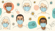 © Khaled - Diverse group of people wearing surgical masks with virus icons around them illustrates global pandemic awareness and safety.