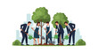 © imus - Vector illustration of business professionals in suits planting and watering young trees in an urban environment with a city skyline, showing corporate social responsibility and teamwork.