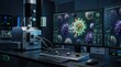 © Von - A scientist examines a magnified image of a virus on multiple computer monitors in a laboratory. The scientist is using a sophisticated microscope and a computer workstation.