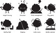 © Sadek - Set of Eight Brain Health and Mental Wellness Icons in Black Silhouette Style Featuring Healthy Habits Like Exercise, Reading, Meditation, Balanced Diet, Sleep, and Music for Lifestyle.
