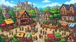 © naa - Vibrant medieval village square filled with bustling market stalls and happy people on white background