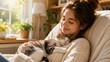 © Galina Petrova - Young woman smiling while cuddling cat in cozy living room