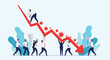 © Shiuli - Team of determined professionals work together to push back a falling red arrow covered in virus icons representing economic recovery efforts.
