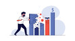 © Shiuli - Man wearing a face mask trying to push back and repair breaking sales bar charts surrounded by virus icons representing economic struggle during a pandemic.