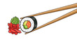 © infinite shutter - Sushi roll held by chopsticks with ginger and wasabi isolated on white