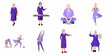 © Sunny - Active Senior Woman Character Set, Elderly Lady Doing Yoga, Exercising and Working in Business, Flat Vector Illustration Isolated on White Background