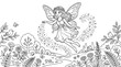 © Joyonto Karmokar - Whimsical coloring page featuring a flying forest fairy surrounded by magical sparkles in a blooming garden fairy tale whimsical coloring illustration sparkles blooming fairytale mythical