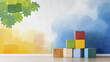 © ธีรเชษฐ์ ชิณวงศ์ - Colorful wooden blocks are stacked against vibrant watercolor wall, creating playful and inviting atmosphere. soft hues