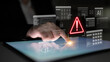 © InfiniteFlow - A hand interacts with a touchscreen displaying an alert icon and digital data elements, highlighting the importance of cybersecurity and data protection in technology applications. Gantry