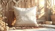 © Medi - A white pillow with fringes sits on a colorful rug in a cozy room with macrame wall hanging and plants.