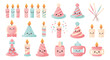 © Siti - Kawaii birthday party illustration set featuring cute candles with faces, festive party hats, and decorated mugs in pastel pink and mint blue watercolor style on a white background.