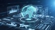 © salfriadi - Futuristic holographic globe with digital data interfaces and charts representing global technology and analytics.