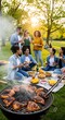 © Bakol - Diverse group of friends enjoying a sunny outdoor barbecue picnic in a park.