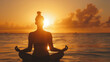 © Valiantsina - Woman practicing yoga on a beach at sunrise. Silhouette against a glowing sun and calm ocean creates a sense of harmony. Mindfulness and wellness concept