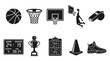 © aan - Flat silhouette vector icon set of basketball elements  basketball ball  hoop ring  backboard  player dunking  referee whistle  scoreboard  championship trophy  coaching clipboard  training cone