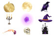 © Widha - Gothic Halloween vector element set with crystal ball, skull, raven, and golden pumpkin for mystical corporate holiday marketing