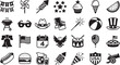 © Visual Verse - Black and white line art icons depicting various hobbies and leisure activities including grilling, music, camping, and sports for design projects.