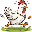 © Nyenyak - A cartoon chicken runs quickly on green grass with feathers flying.