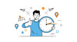 © Rahat - Enthusiastic man in a blue shirt holds a large wall clock and gives a thumbs up while standing amidst travel and time icons.